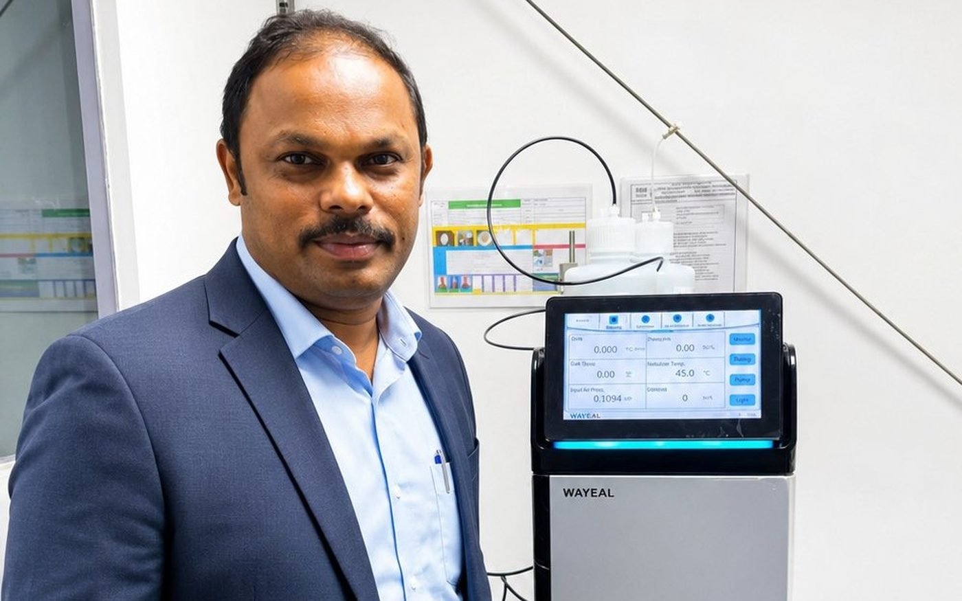 MS Tech Scientific founder with WAYEAL laboratory instrument